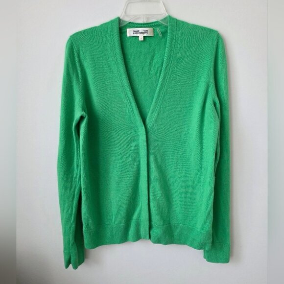 DIANE VON FURSTENBERG | Wool Cashmere Sweater Cardigan Green Sz LARGE - Picture 1 of 5